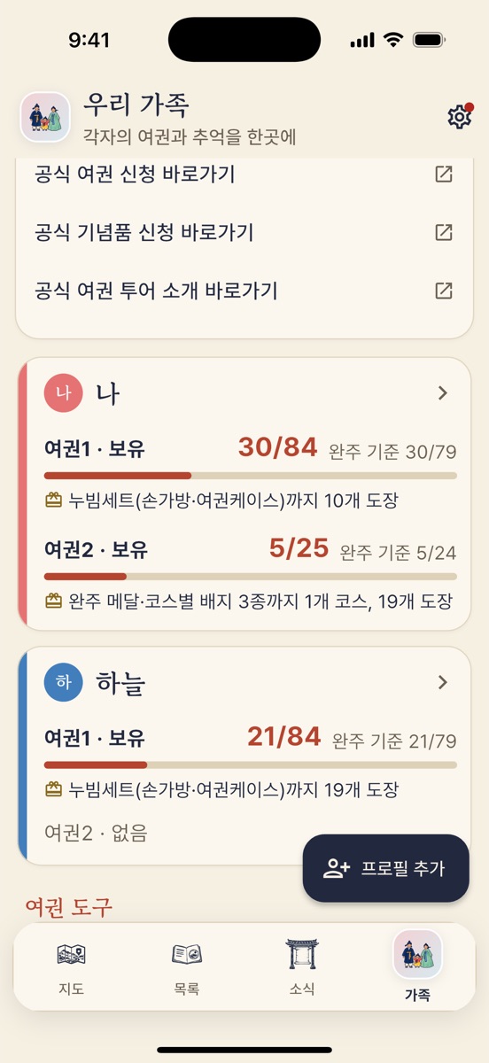 우리 가족 화면: 사람별 진행률과 다음 기념품