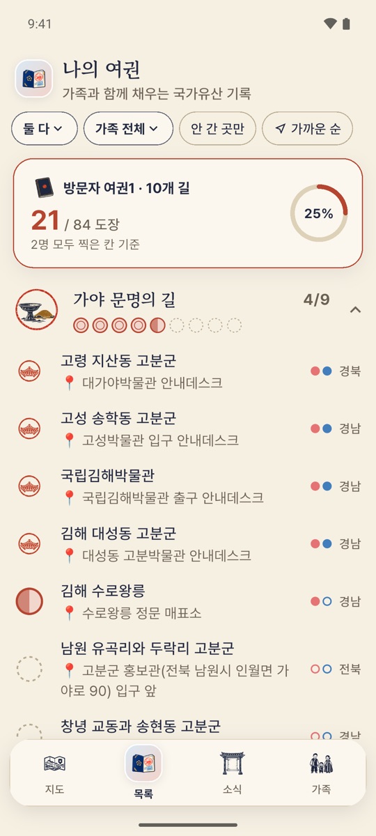 나의 여권 화면: 길을 펼쳐 거점별 도장 확인